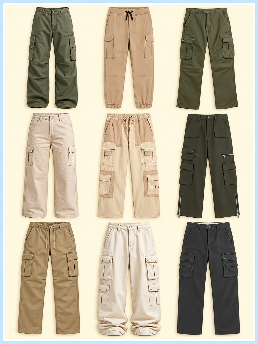 Assorted woven cargo pants for custom apparel manufacturing