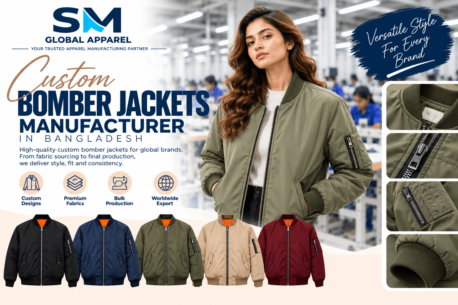 Bomber jacket flight pockets, heavy metal zippers, chenille patches, and rib-knit cuffs