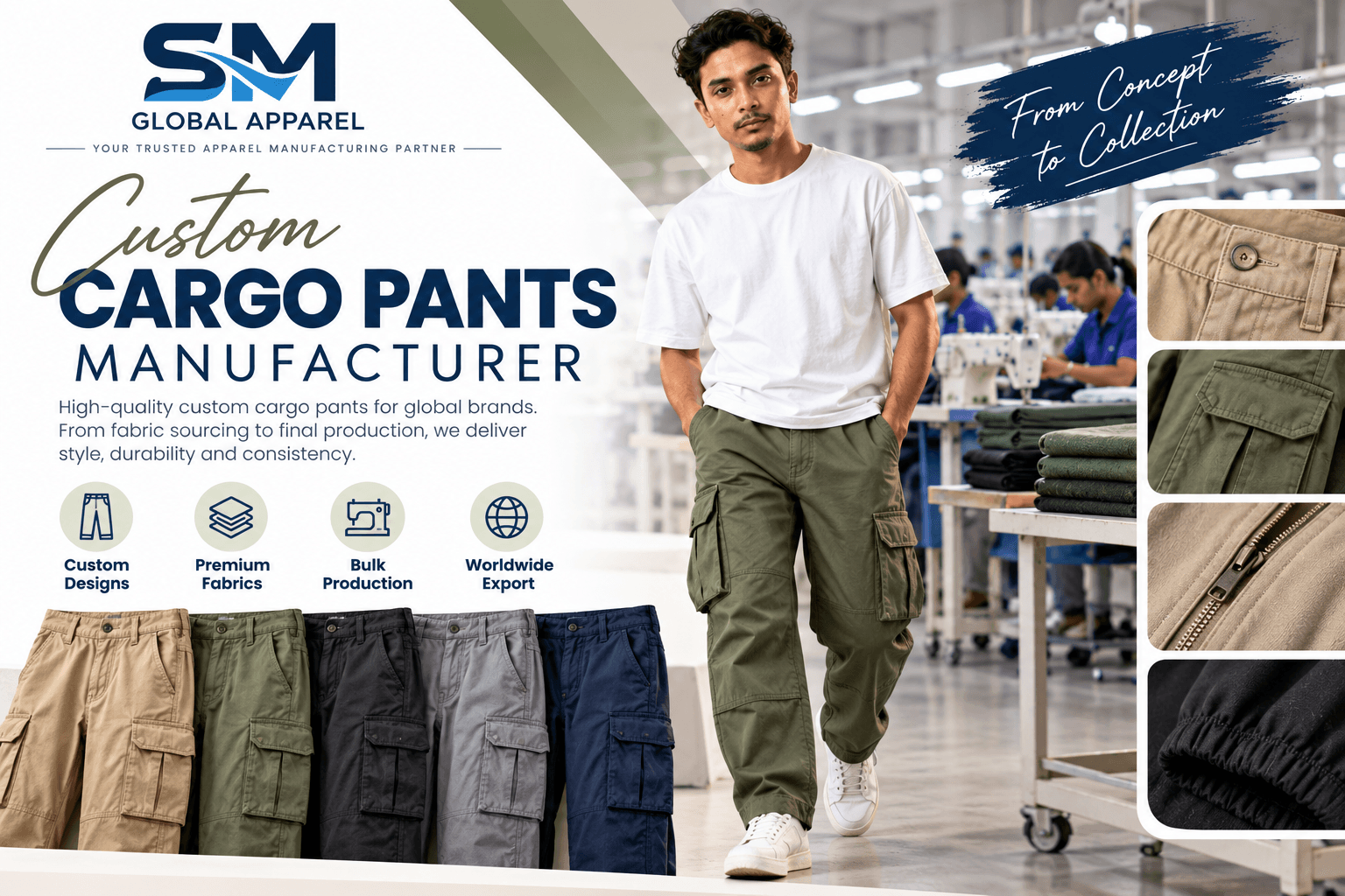 Woven cargo pants arranged for apparel production
