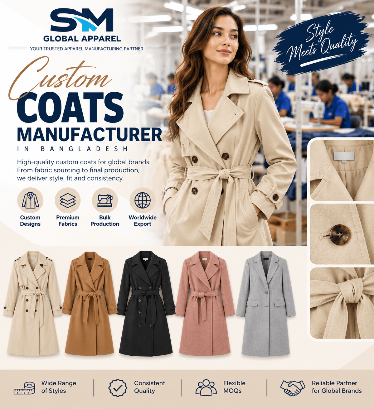 Trench coat horn buttons, leather covered buckles, D-rings, and tailored epaulette trims