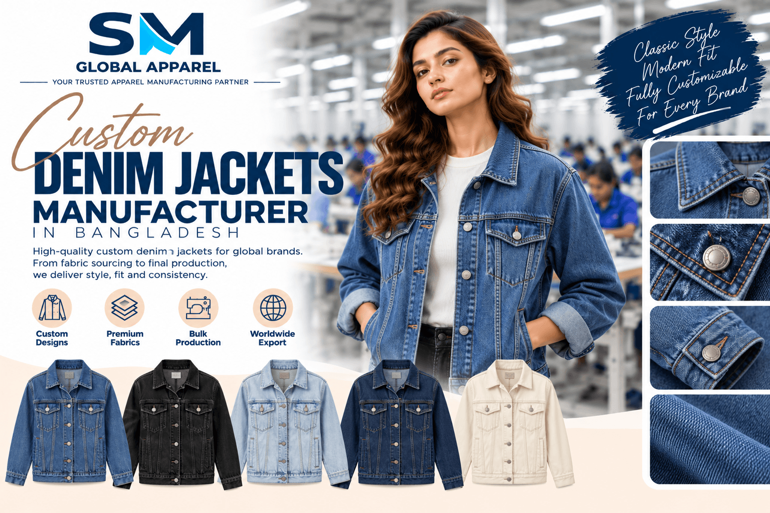 Custom denim trucker jacket brass buttons, contrast tobacco stitching, and leather patch