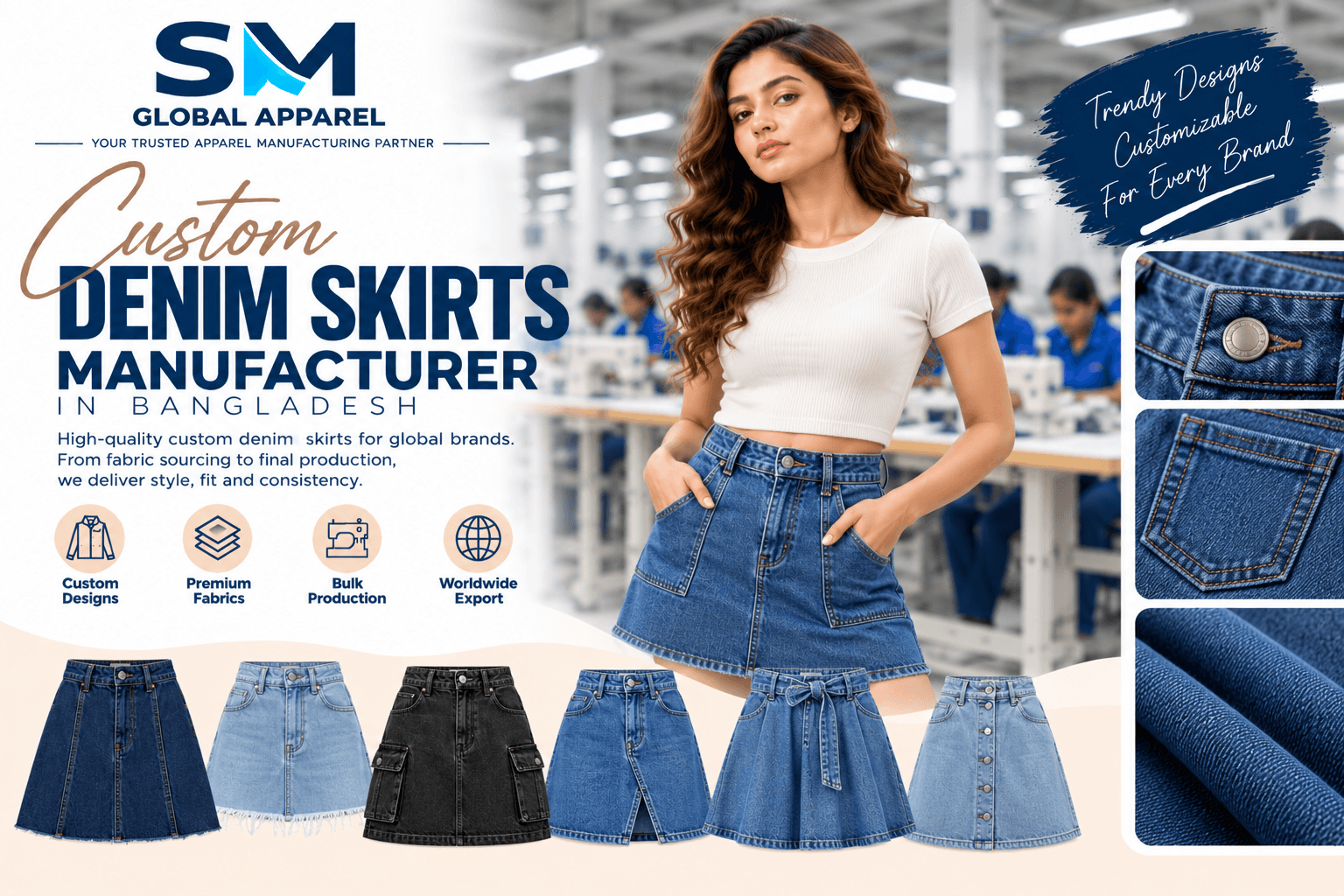 Custom skirt details, waistbands, and finishing trims