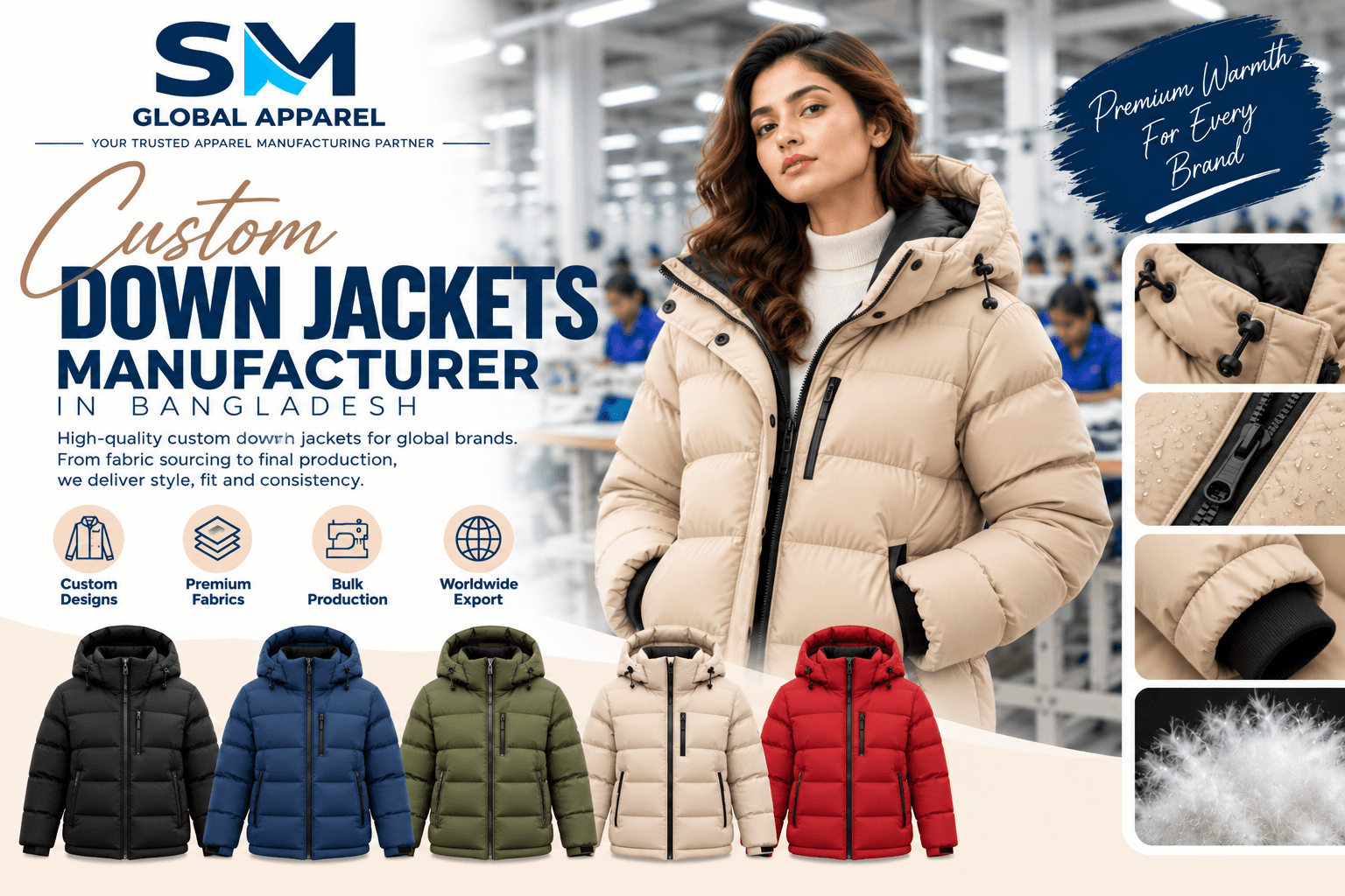 Natural down jacket trims, YKK zippers, storm hoods, rubber badges, and packable stuff sacks