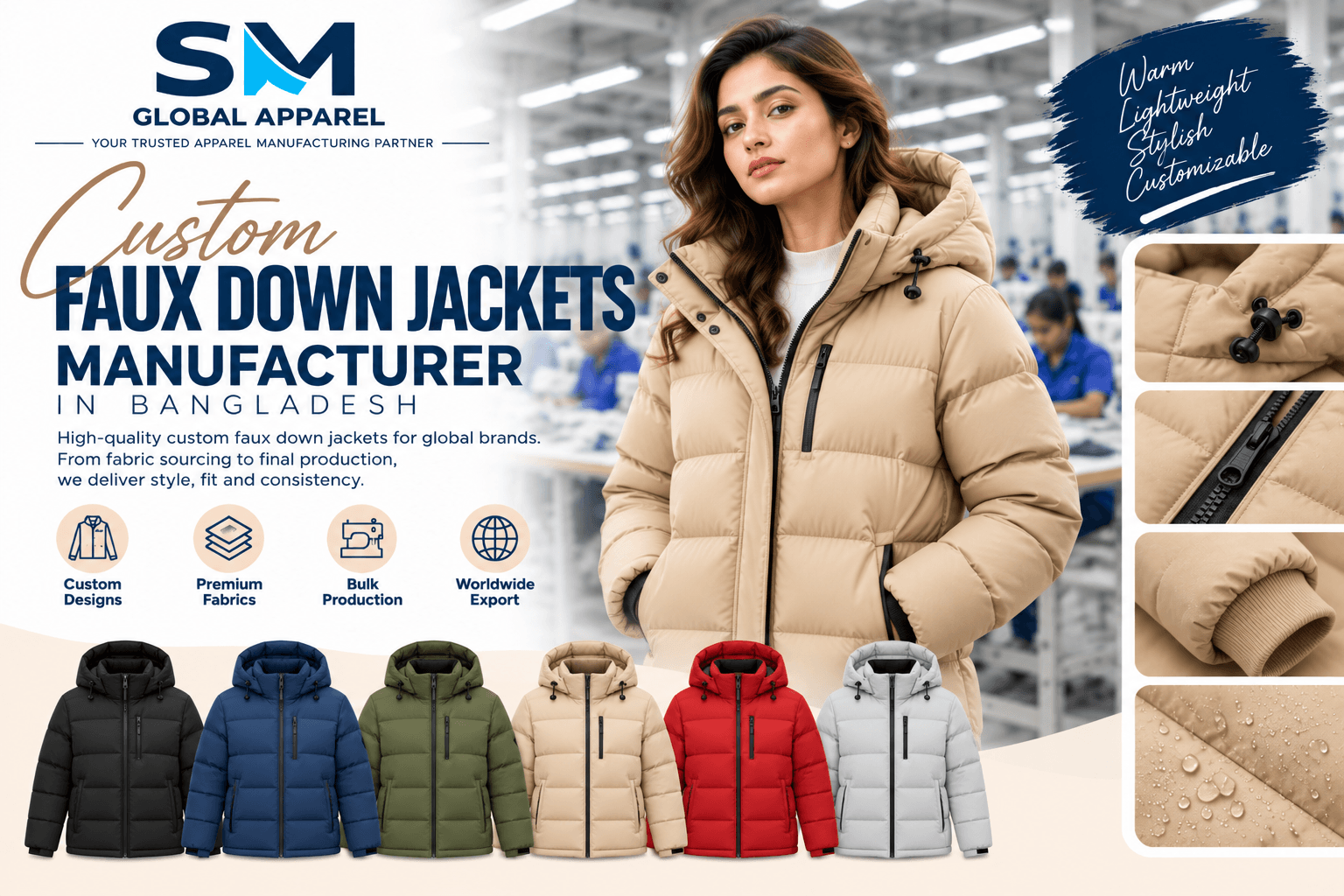 Puffer jacket hardware, chunky zippers, rubber sleeve patches, storm cuffs, and packable pouch trims
