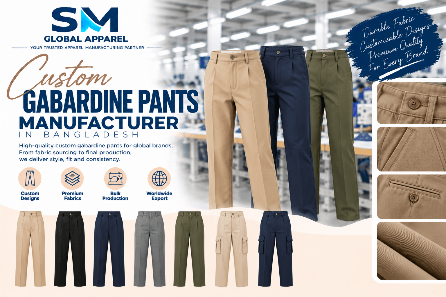 Tailored gabardine trouser interior waistband, french fly button, and piped pocket bags