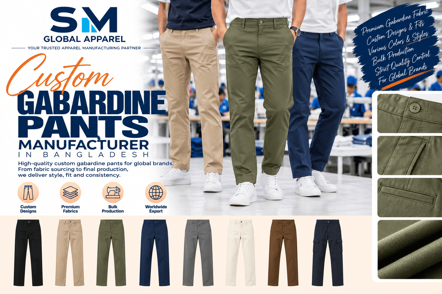 Tailored cotton gabardine trousers with clean hem and pressed crease
