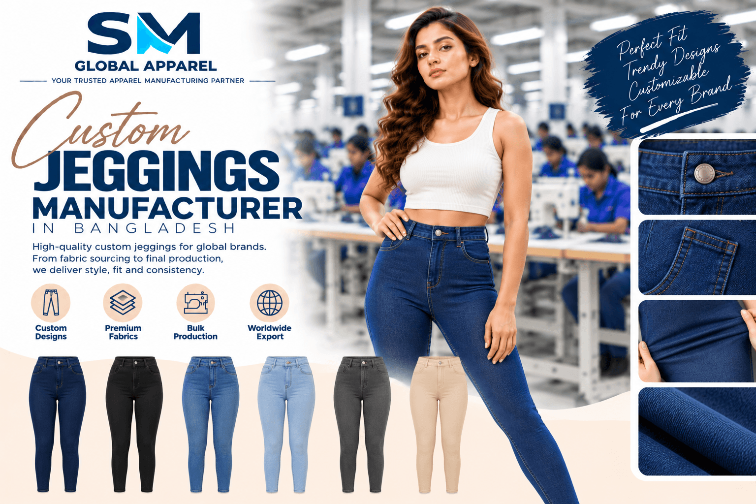 Jeggings custom branding, waistbands, back patch pockets, rivets, and denim labels