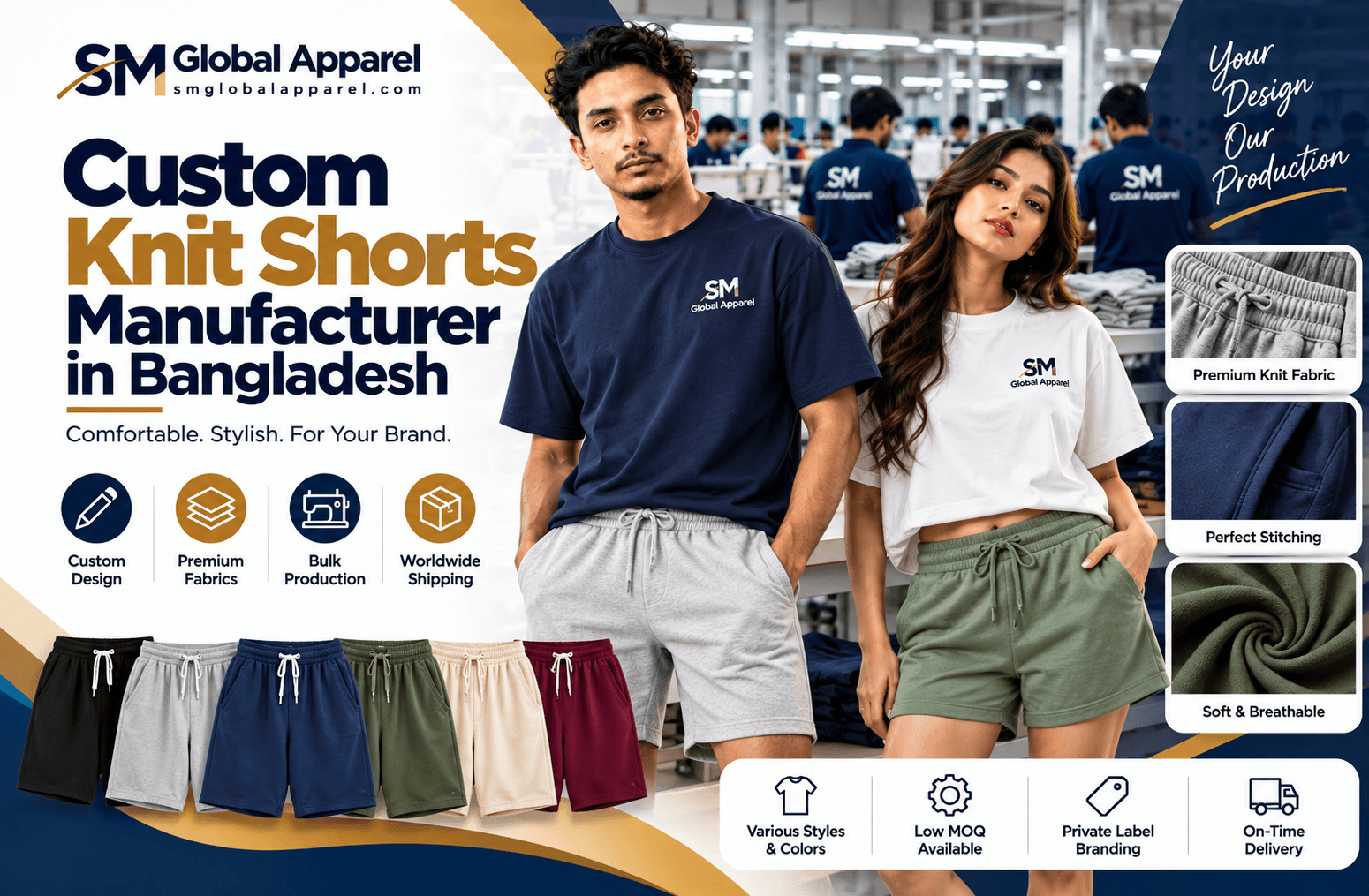 SM Global Apparel custom knit shorts manufacturing banner in Bangladesh