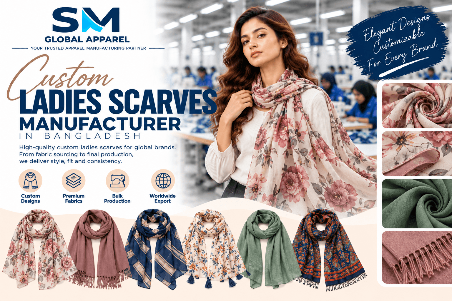 Hand-rolled scarf hems, woven labels, tassels, and gift box packaging
