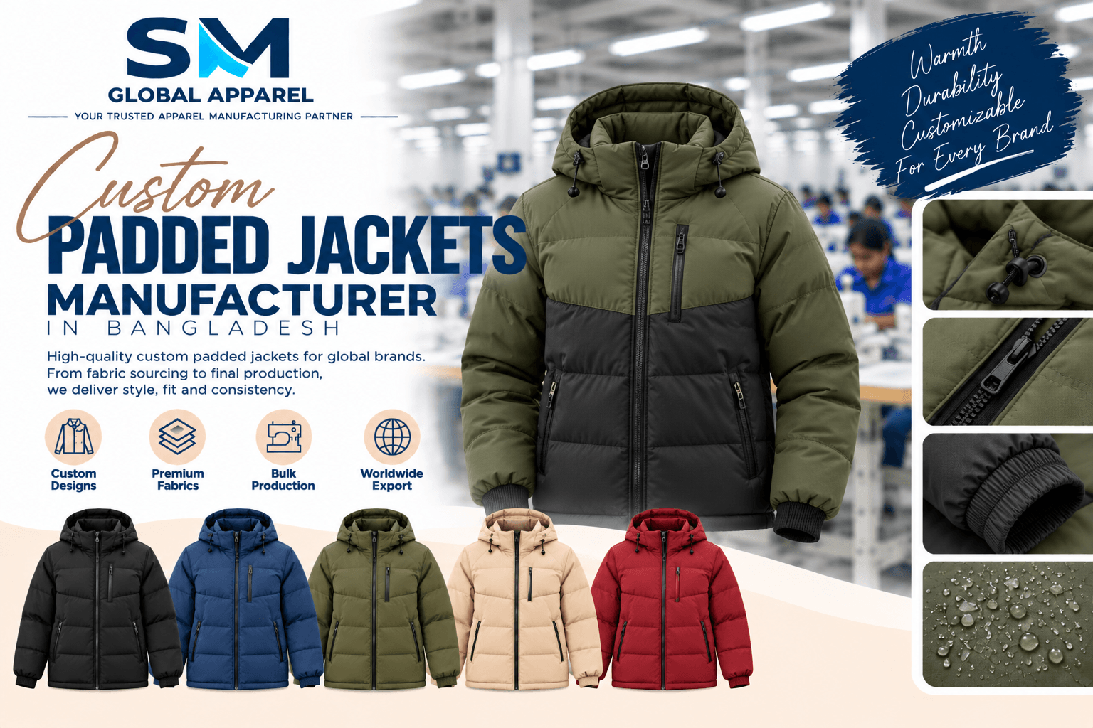 Padded jacket quilted baffles, heavy front zipper, insulated storm hood, and fleece-lined pockets