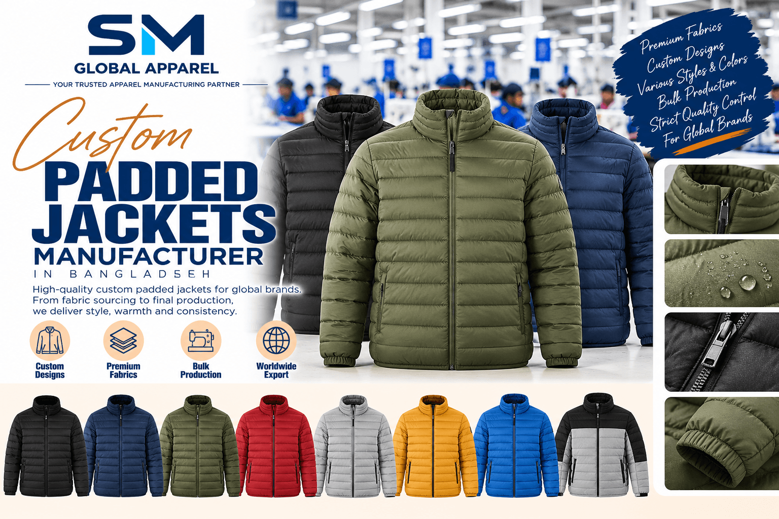 Custom padded winter puffer jacket with thermal insulation and storm hood