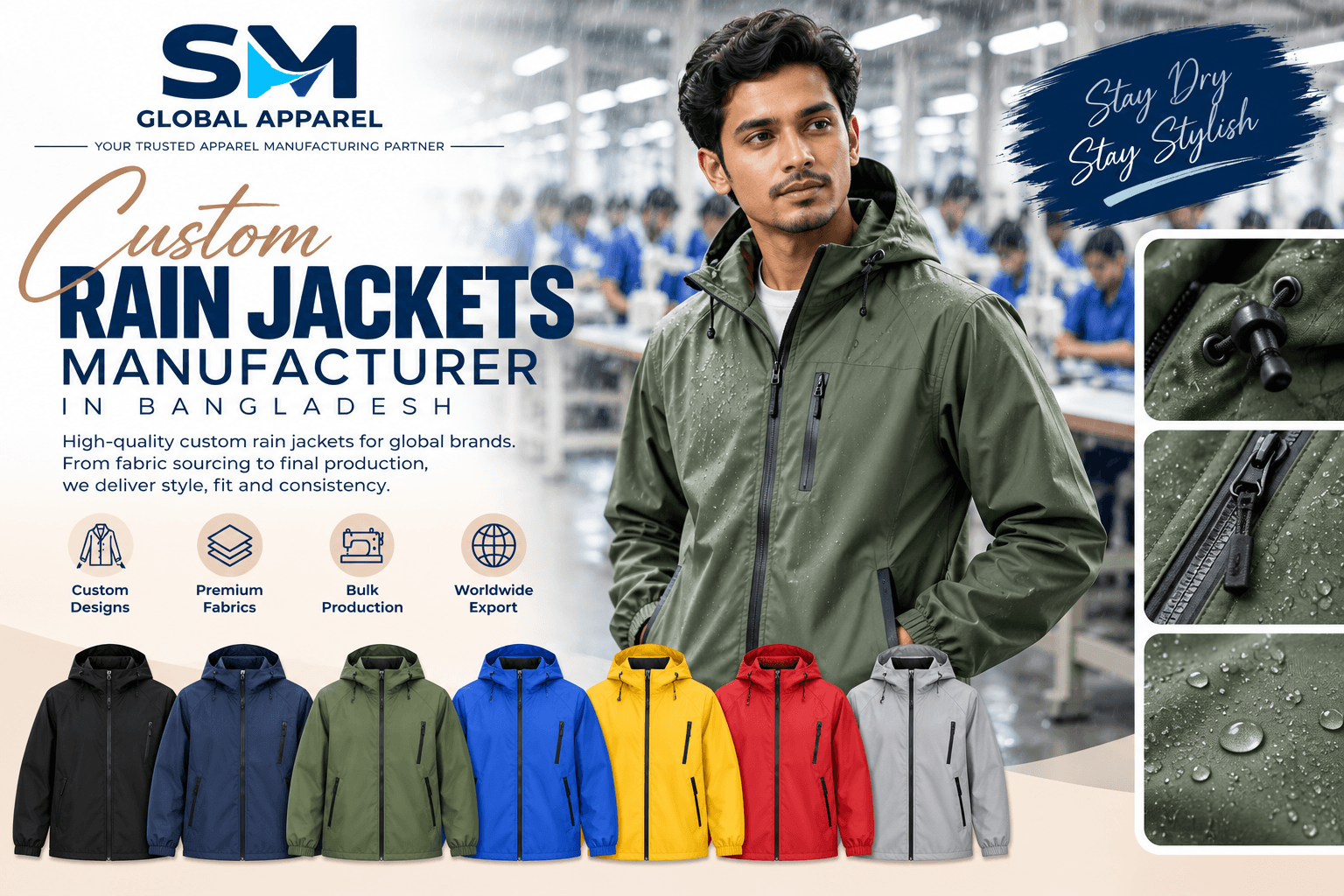 Rain jacket waterproof zippers, taped seams, hood cinches, and private label details