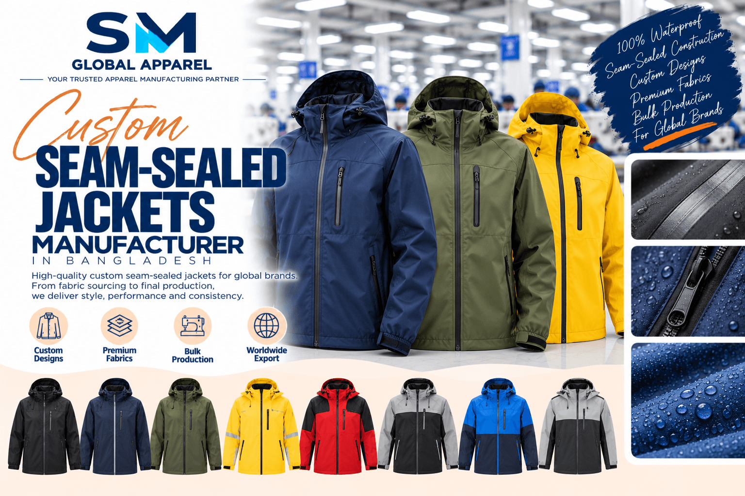 Seam-sealed jacket technical tape, Aquaguard zippers, Cohaesive cord locks, and trims