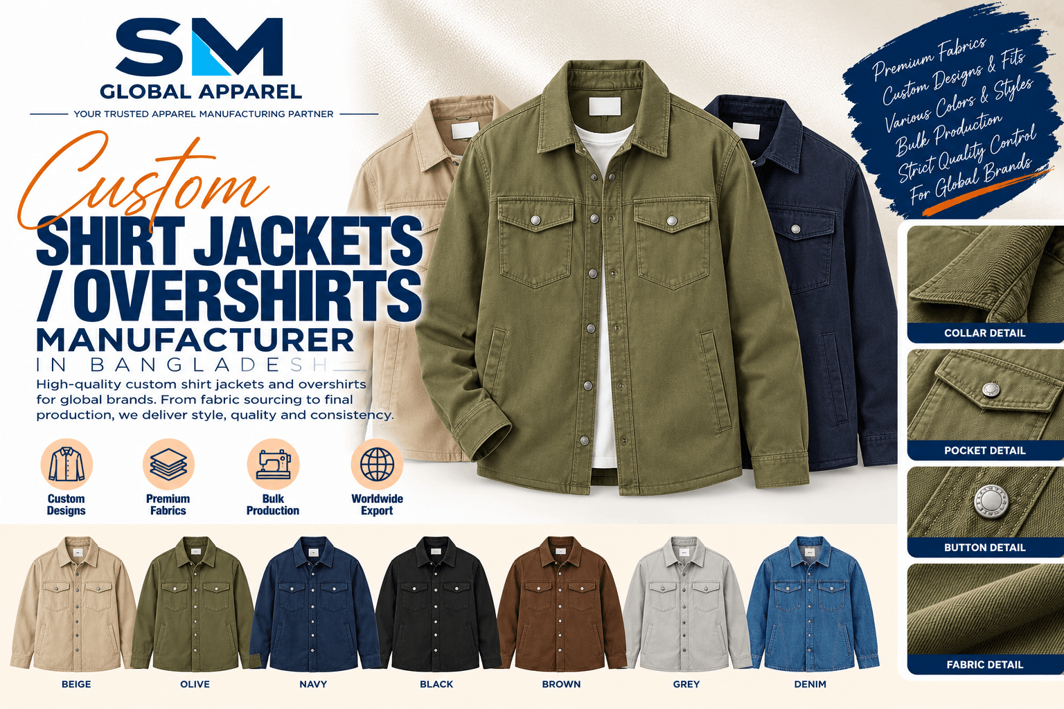 Heavyweight cotton canvas overshirt with snap buttons and chest pockets