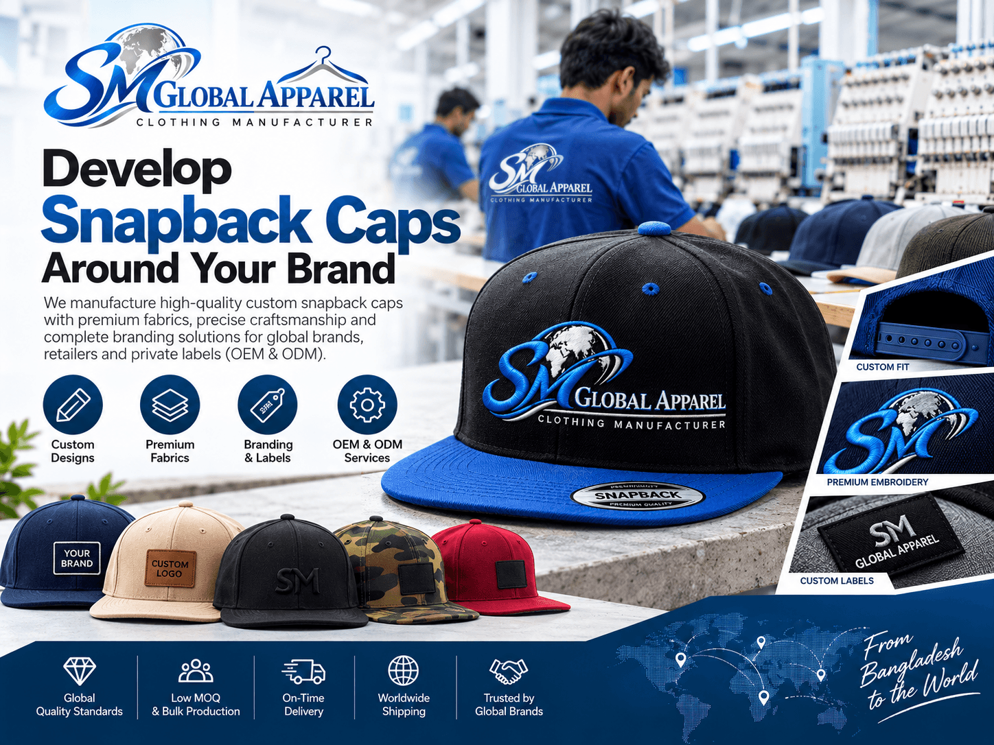 Snapback style cap inspiration for custom headwear development