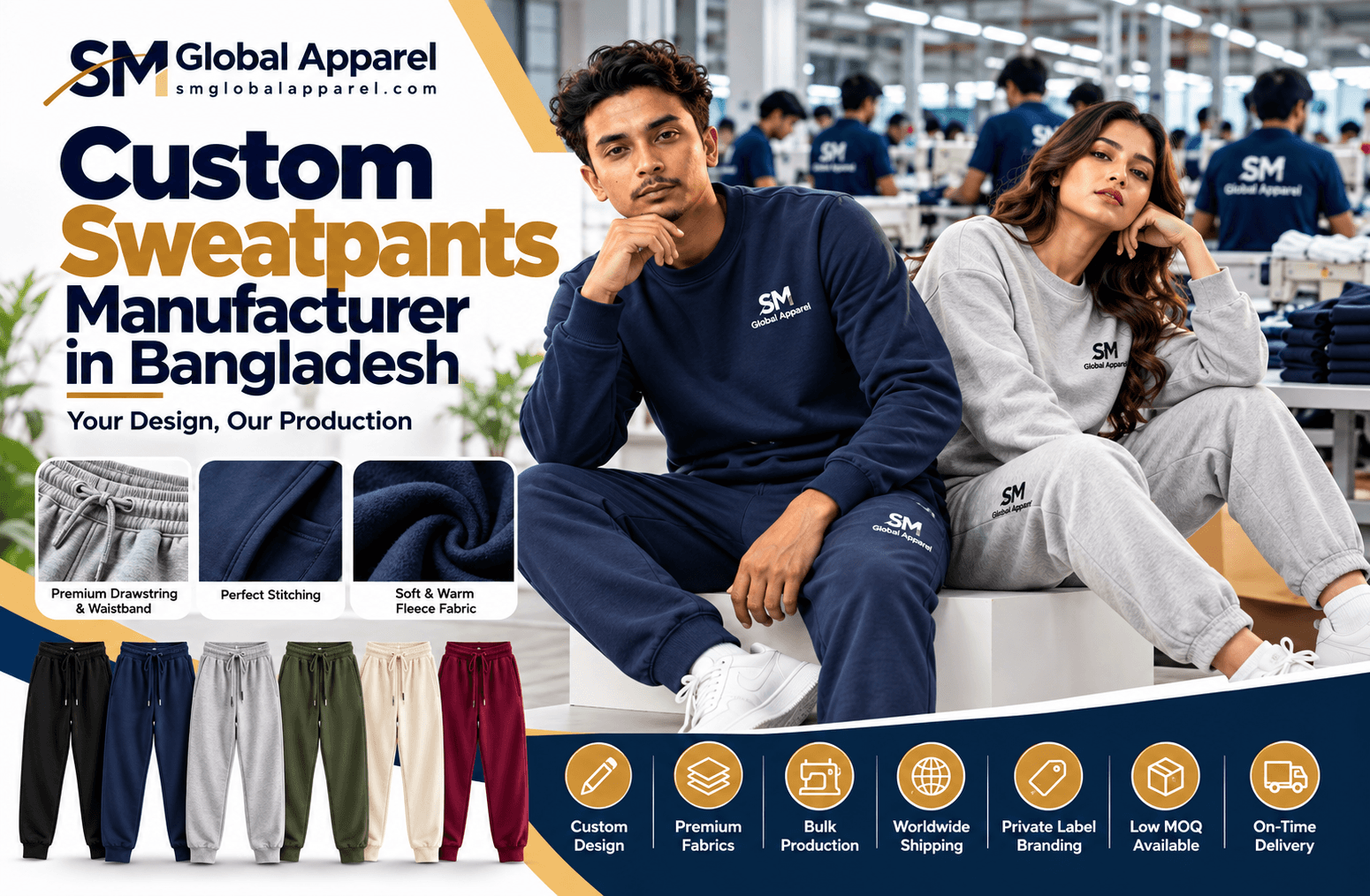SM Global Apparel custom sweatpants manufacturing banner in Bangladesh