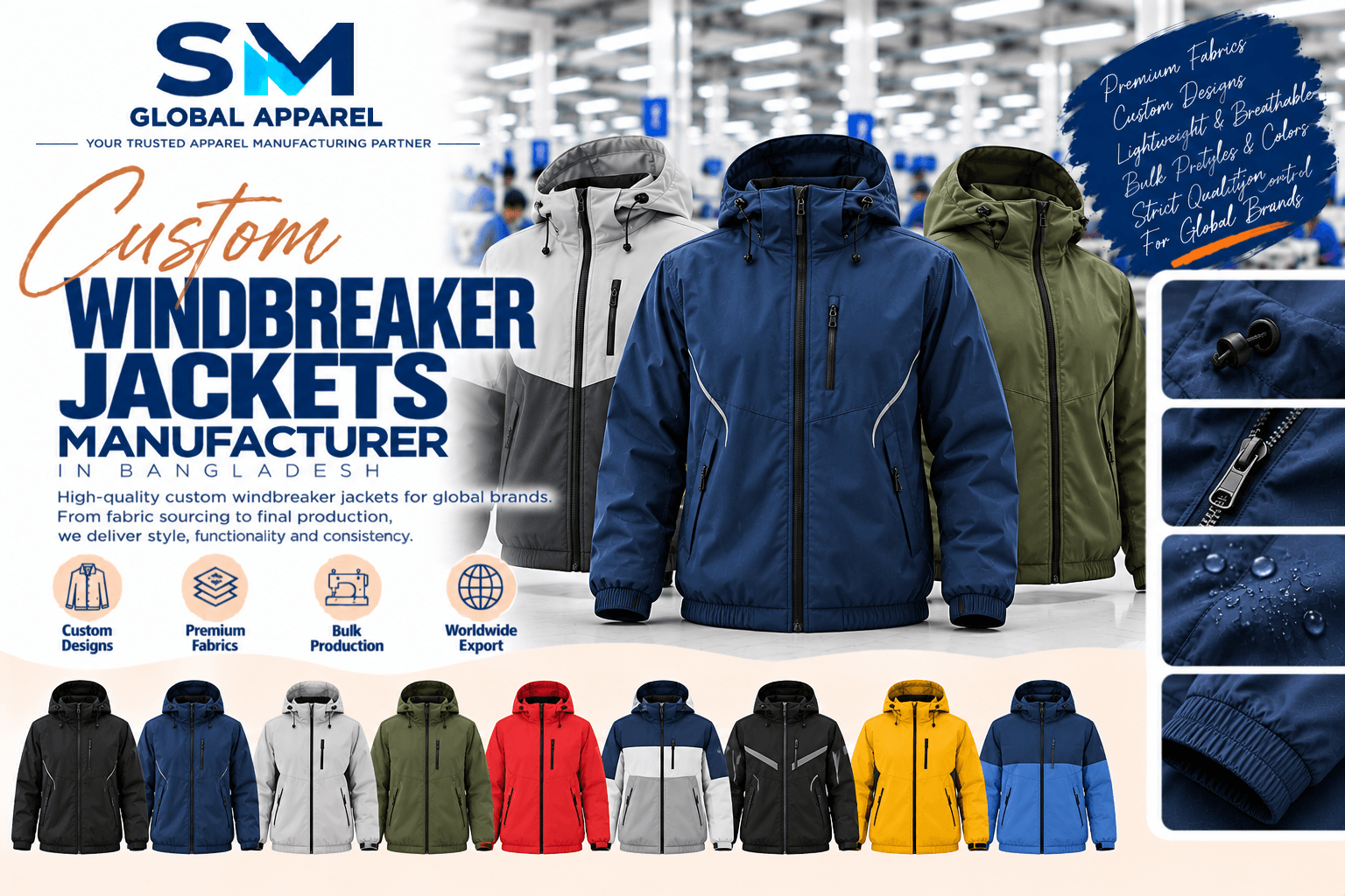 Custom windbreaker jackets with breathable mesh lining and technical trims