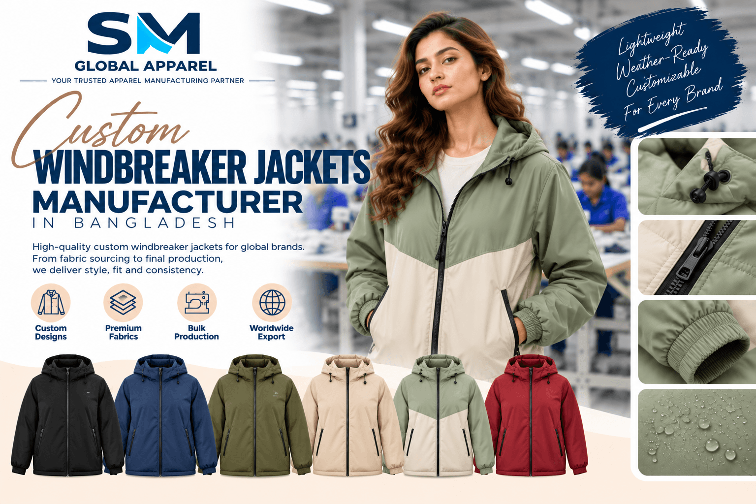 Custom windbreaker details, zippers, hoods, drawcords, and packable pockets