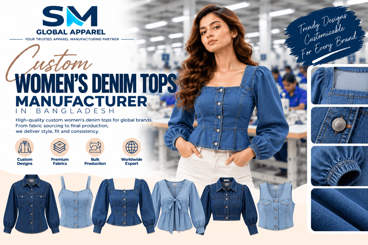Denim corset top details, exposed back zipper, contrast stitching, and metal hardware