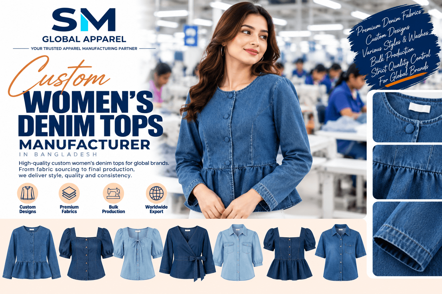 Tailored women's denim top with contrast stitching and princess seams