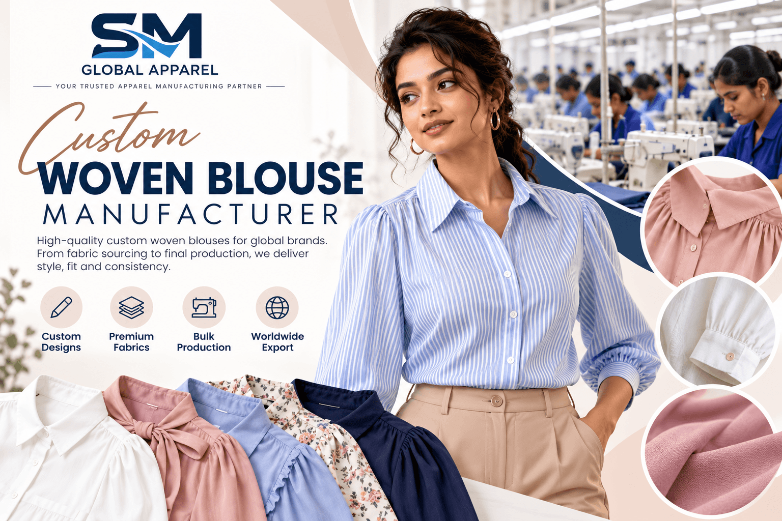 Woven blouses arranged for apparel production