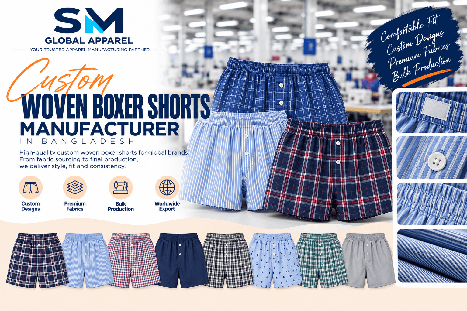 Woven cotton boxer shorts showcase and details