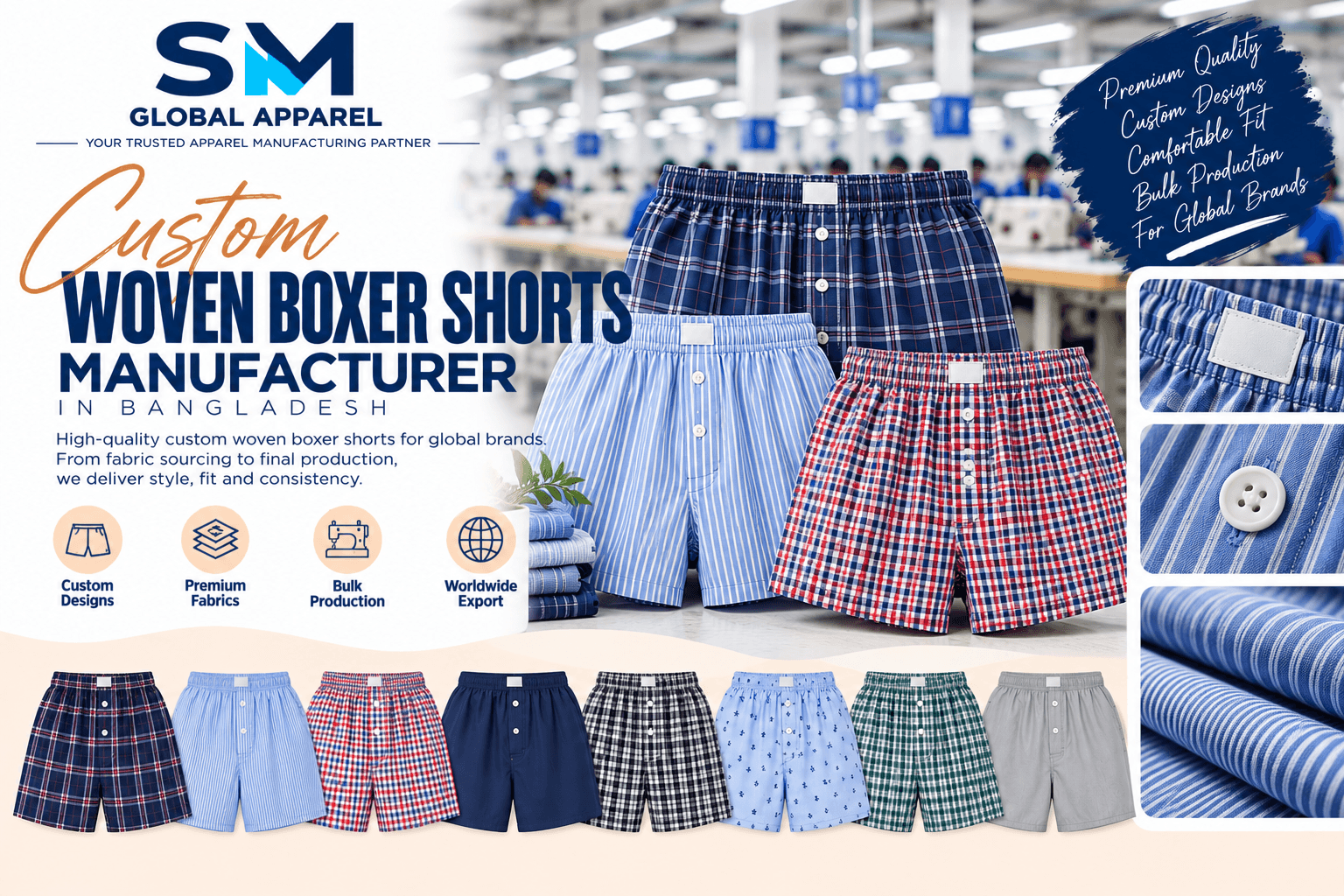 Woven boxer shorts waistbands, buttons, stitching, and private label details