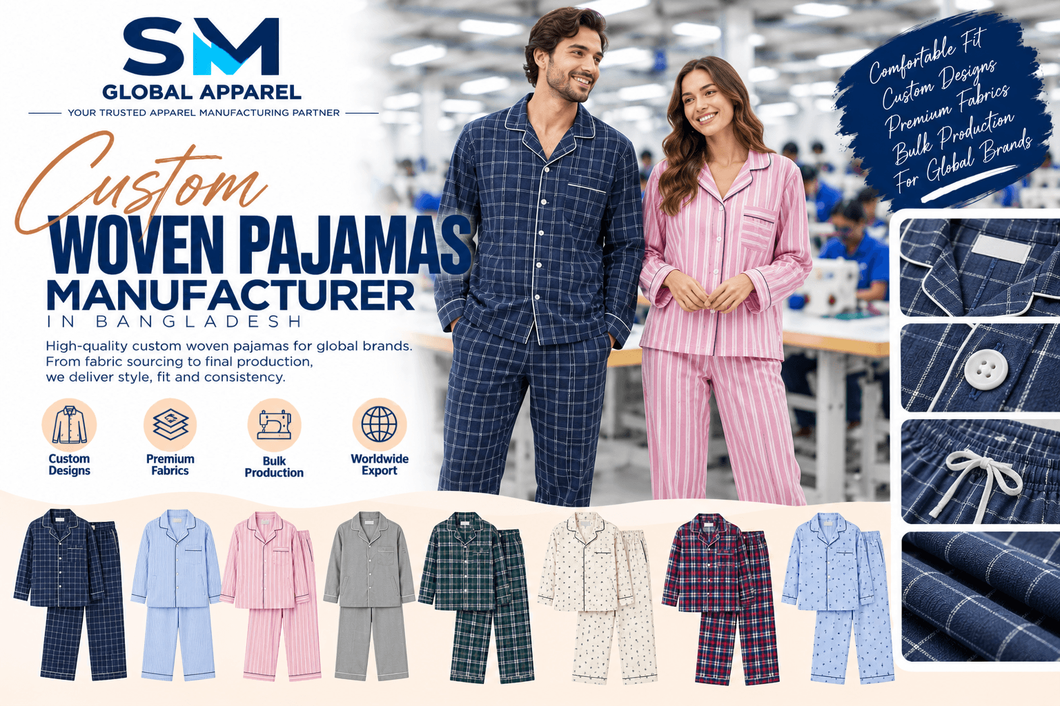 Pajama piping, buttons, collar details, and private label sleepwear trims