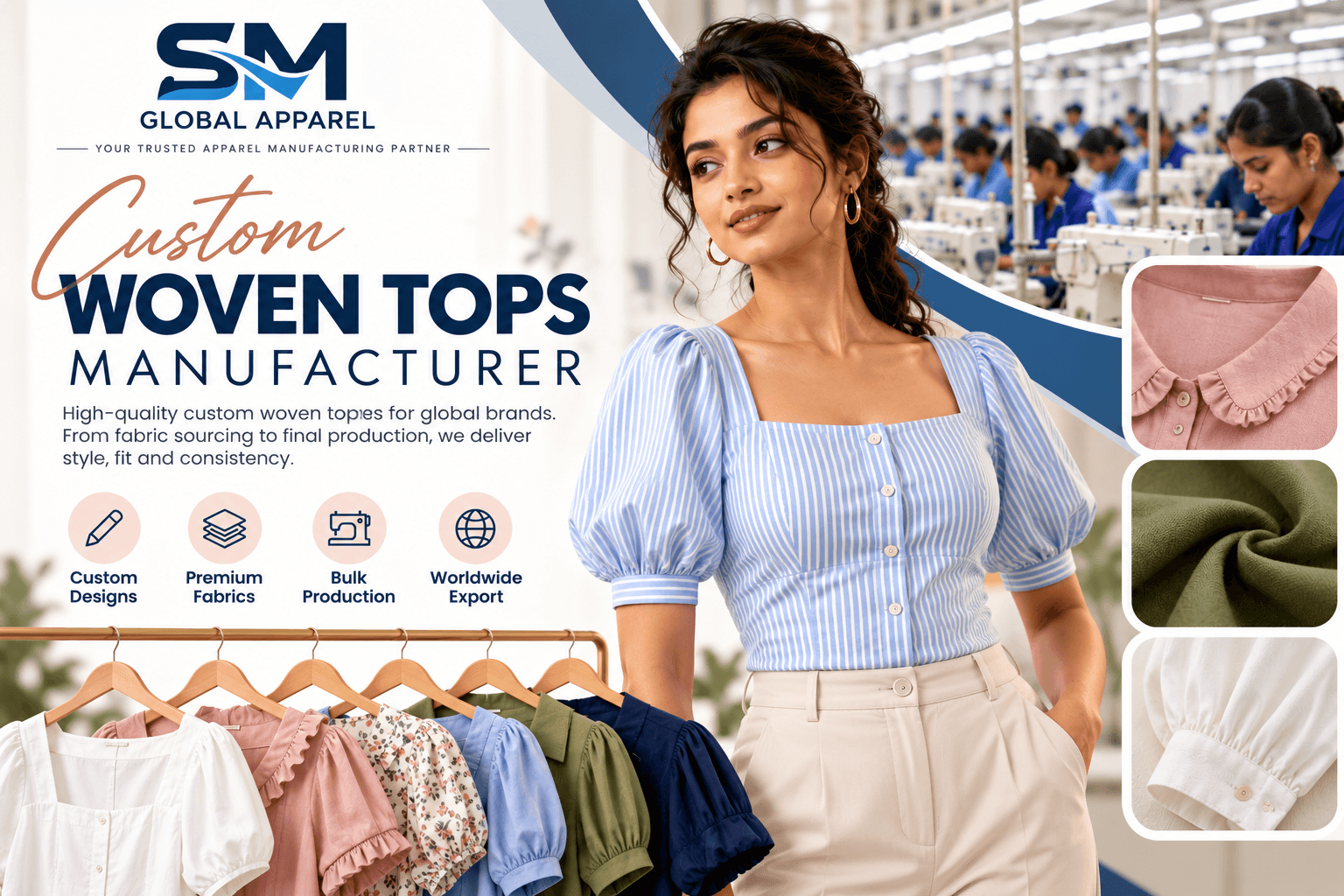 Woven tops arranged for apparel production
