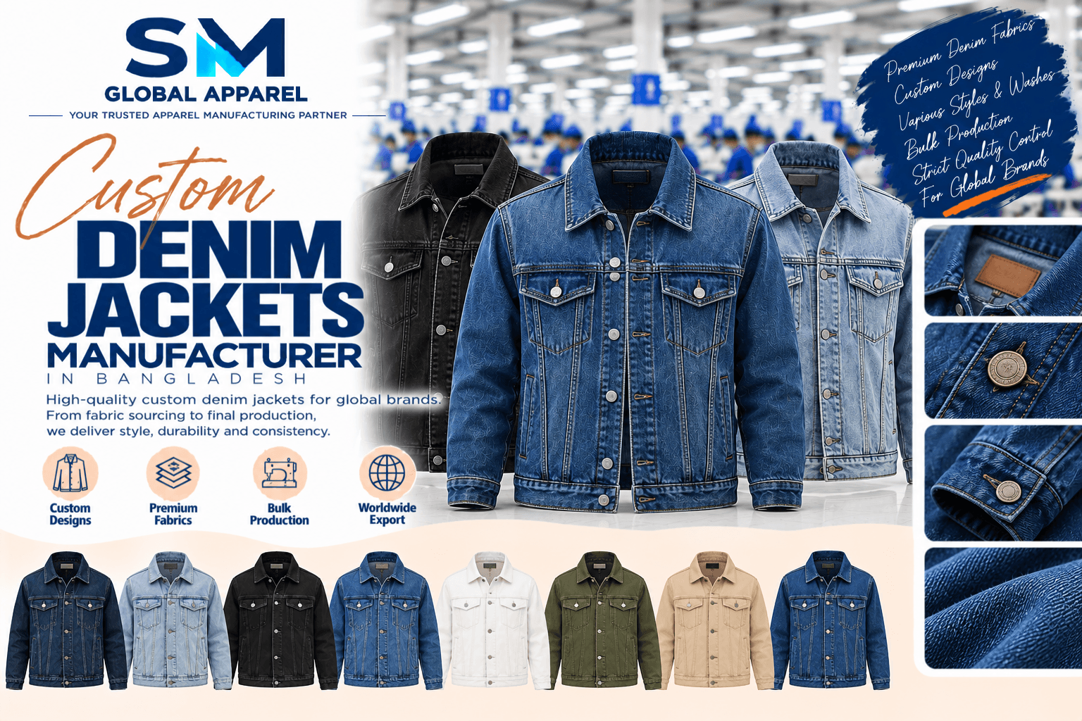 Custom washed denim trucker jacket with vintage whiskers and chest flap pockets