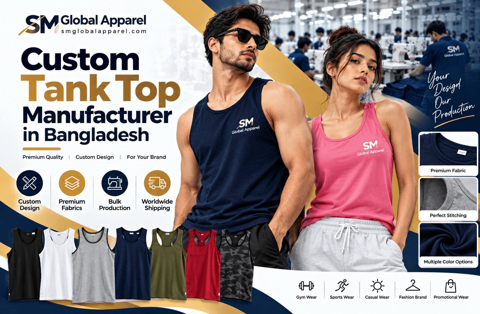 SM Global Apparel custom tank top manufacturing banner in Bangladesh