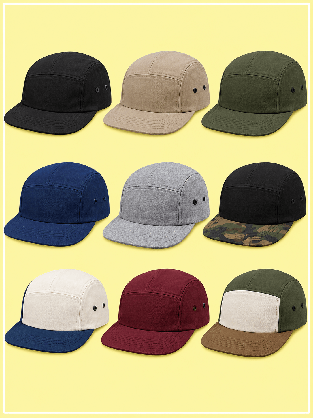Custom 5-panel cap design for private label headwear brands