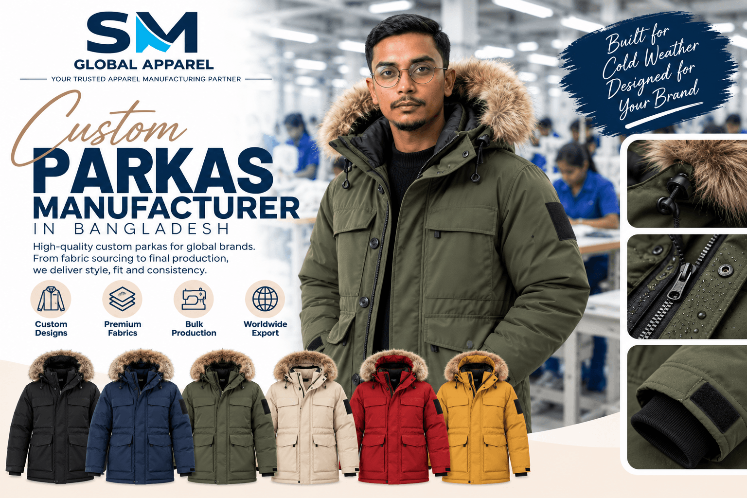 Winter parka hardware, 2-way zippers, faux fur ruffs, storm cuffs, and custom trims