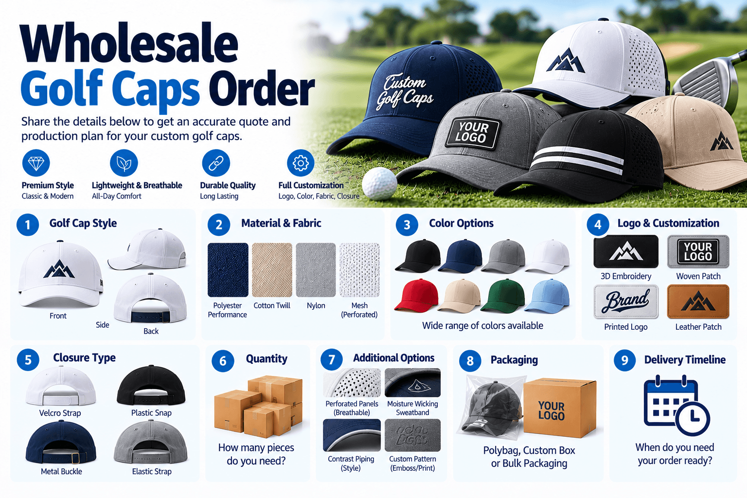 Custom cap reference for wholesale golf cap order planning