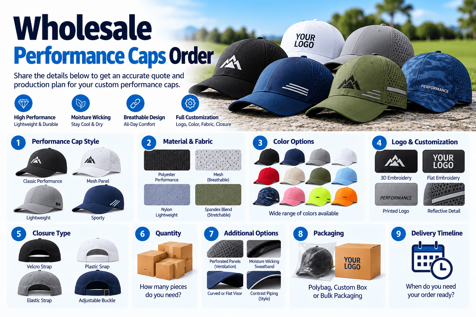 Custom cap reference for wholesale performance cap order planning
