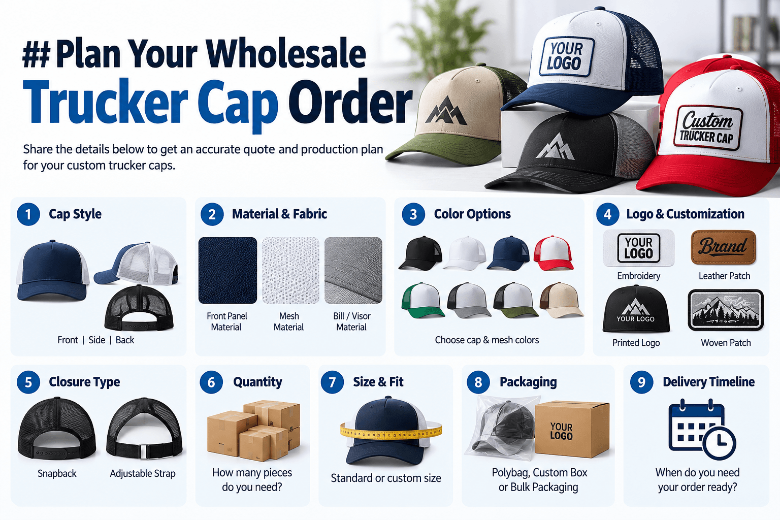 Custom cap reference for wholesale trucker order planning