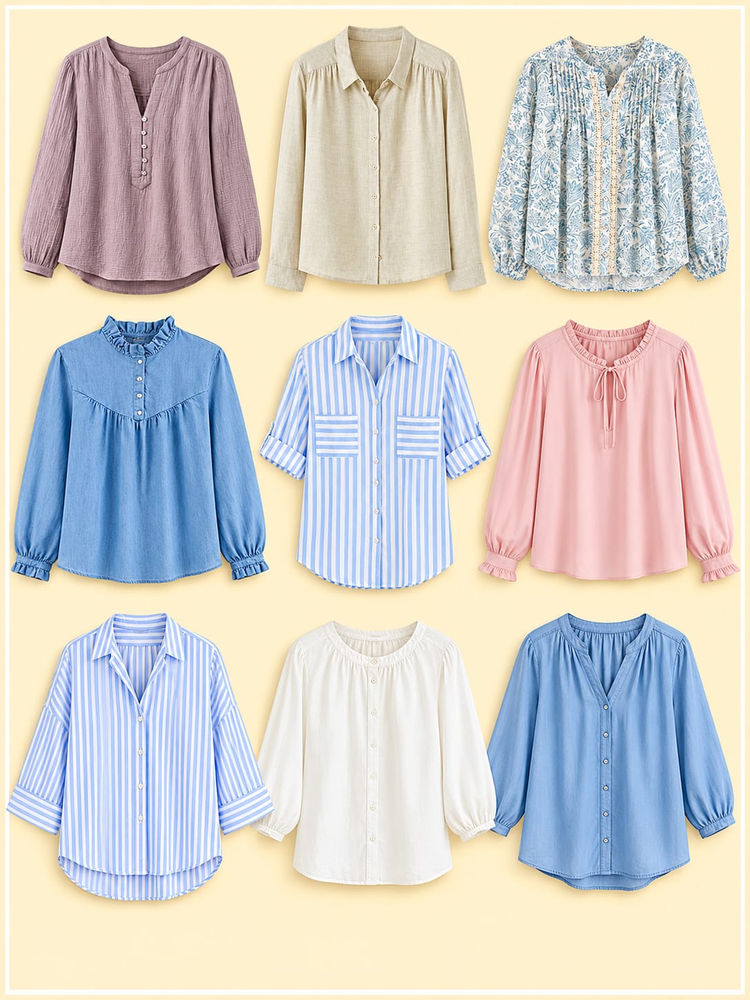 Assorted woven blouses for custom apparel manufacturing